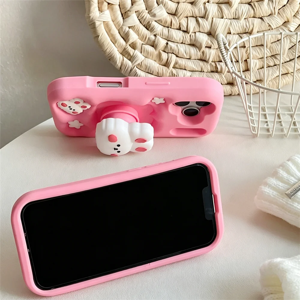 Фото Милый объемный розовый чехол-кролик с держателем для iPhone 17 Pro Max, мягкий силиконовый защитный чехол с кроликом-поп-грипом для iPhone 16 15 14 13 №2