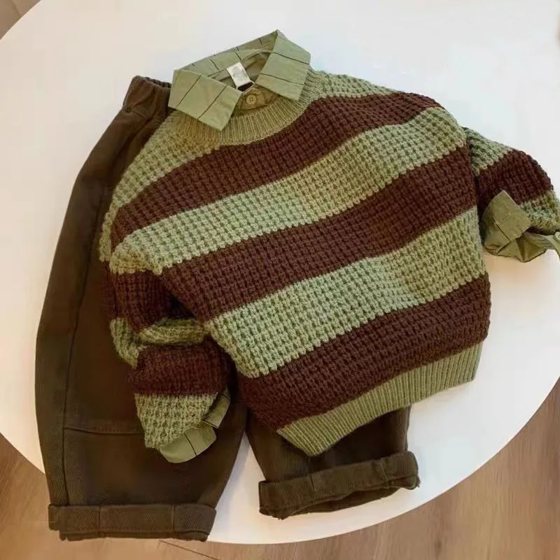 Детский Комплект из трех предметов свитер с круглым вырезом и брюки в полоску