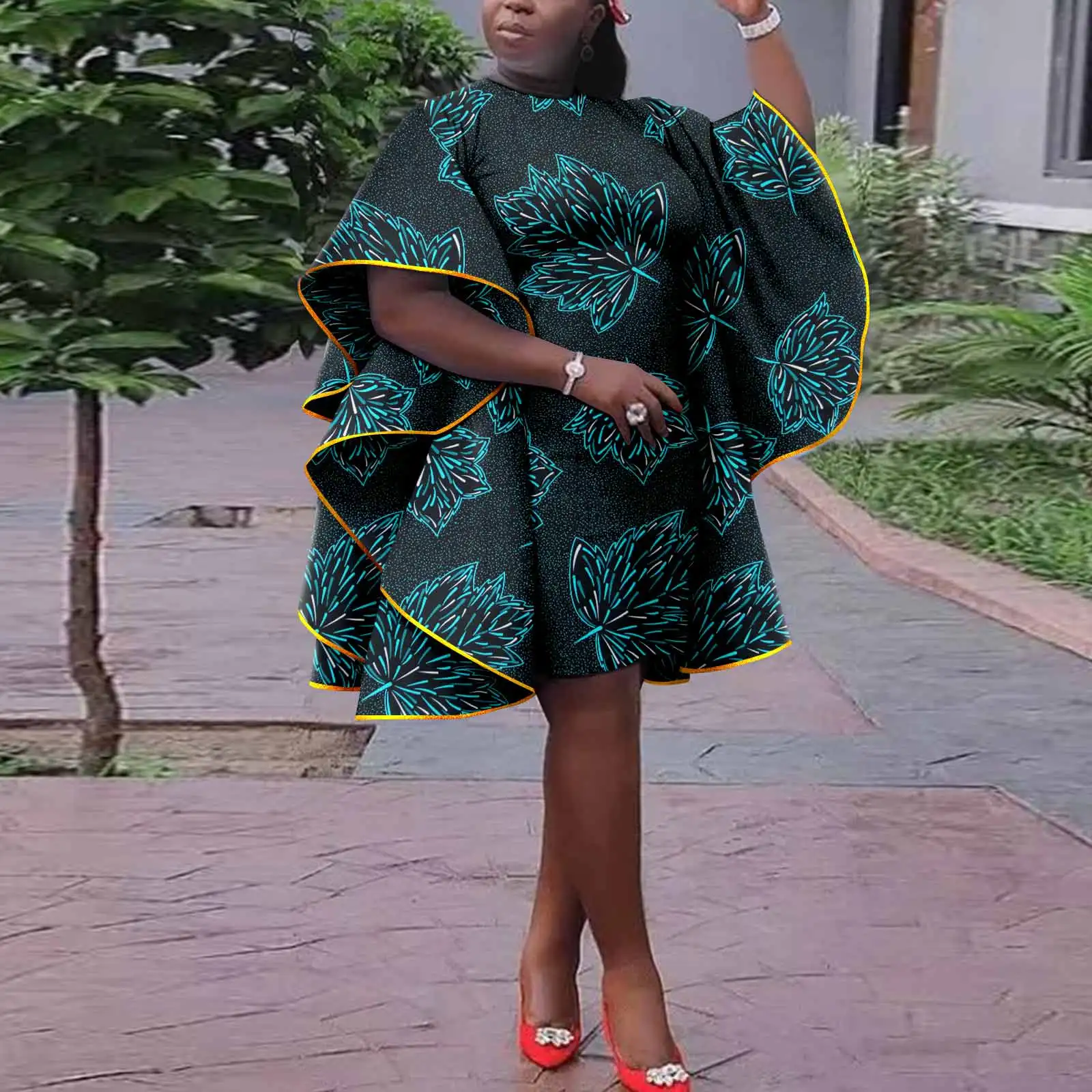 Afripride African Women's Plus Size Ankara Printed Fabric Short Sleeve Casual Comfortable Gold Trim Ruffle Dress A2225128