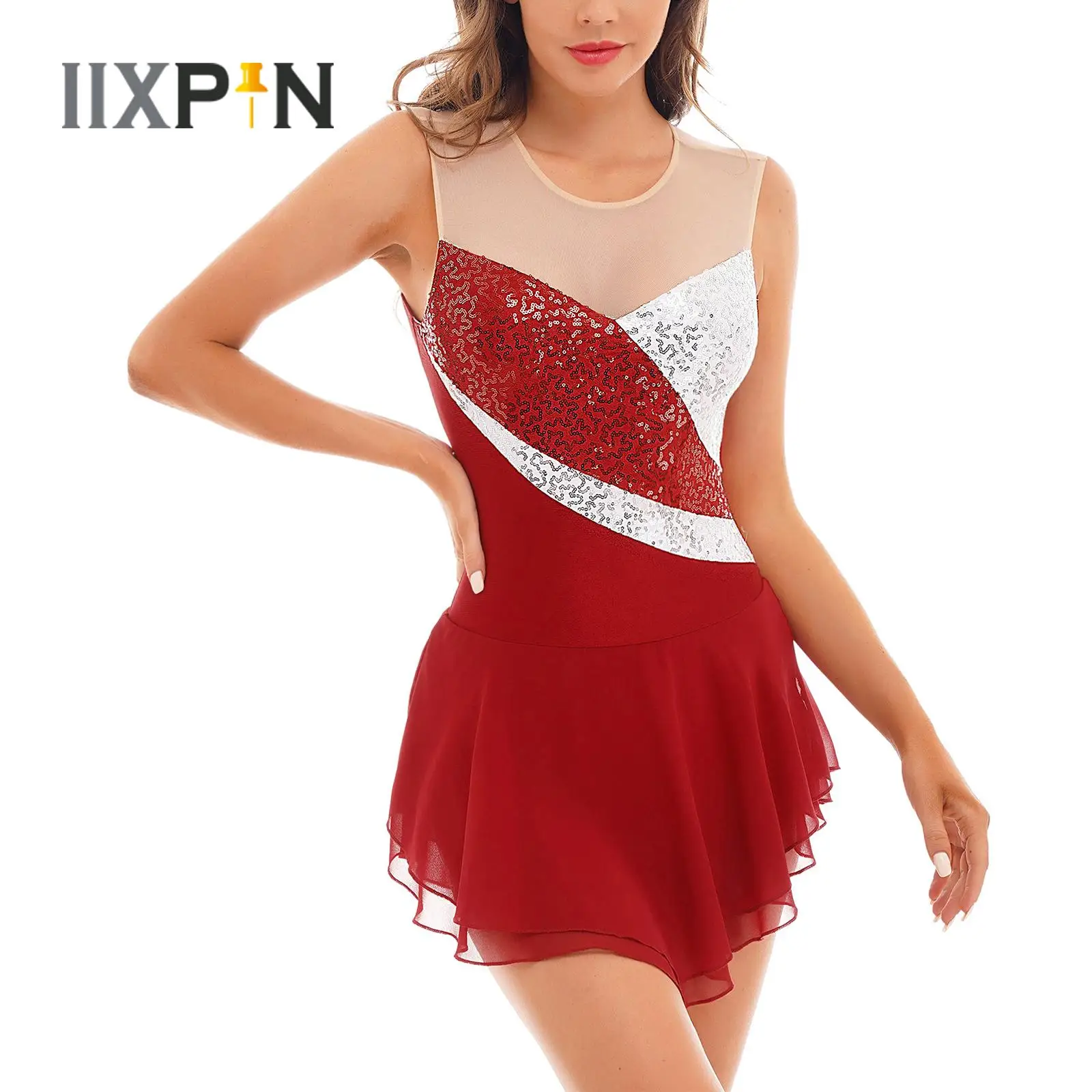 

Womens Figure Ice Skating Dress Shiny Sequin Sleeveless Ballet Tulle Splice Dress Gymnastics Lyrical Dance Leotard Dancewear New