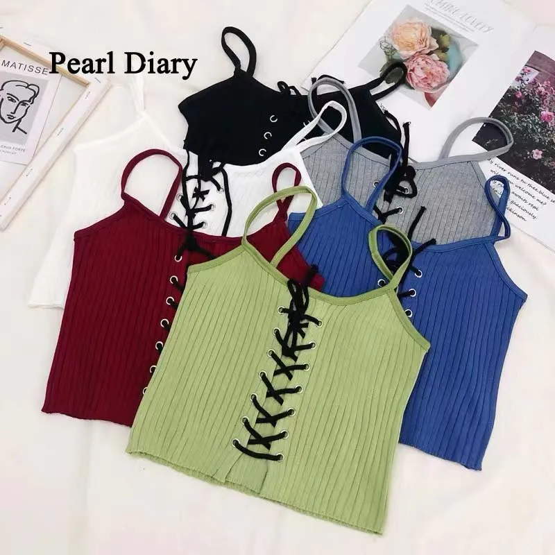 

Pearl Diary Women Drawstring Knit Camisole Ladies Sexy Spaghetti Strap Rib Knit Crop Top Female Solid Camis Skinny Short Top