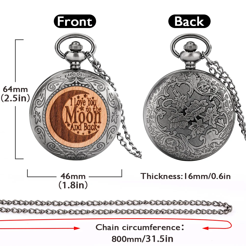 Quartz Pocket Watch Necklace Wood Cover Moon Carving Fashion Creative Pocket Watch Pendant Gift for Ladies Reloj De Bolsillo
