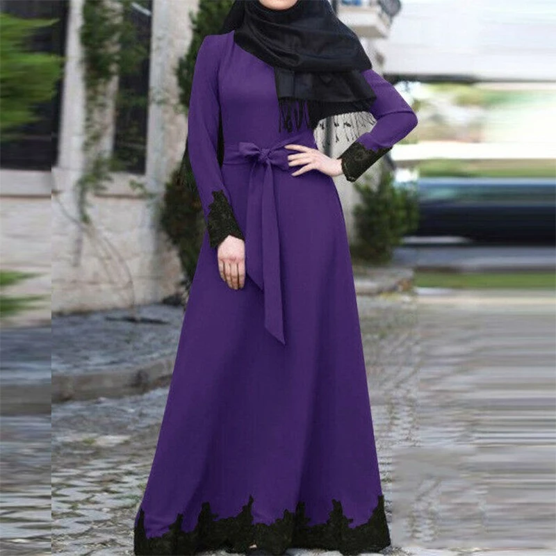 2022 Ramadan Black Lace Stitching Abayas Belt Modest Abayas for Female Middle Eastern Style African Women's Elegant Dress