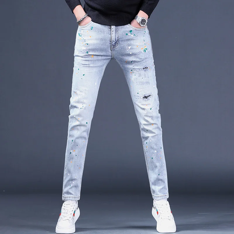 Ripped Patches Light Blue Jeans Men Autumn Slim Fit Straight Pants Streetwear Fashion Dots Printed Denim Trousers CP2011