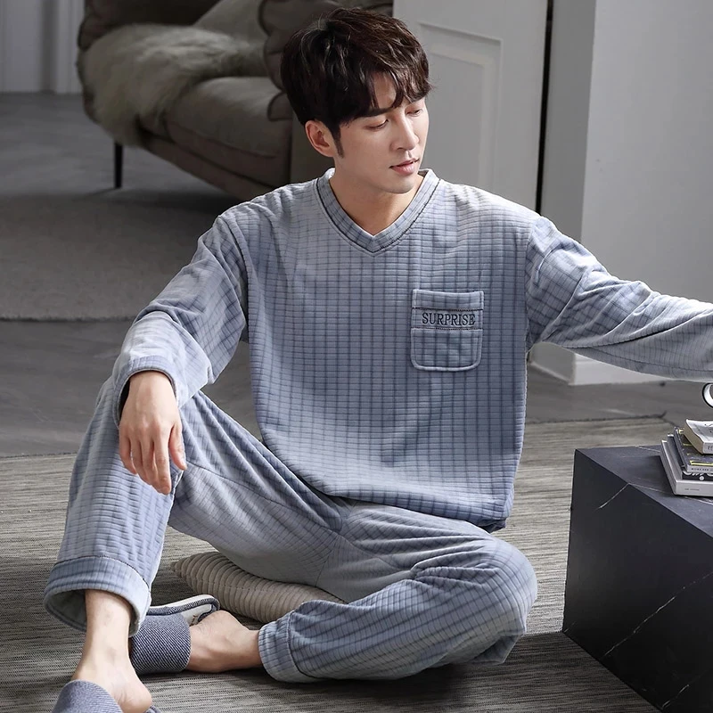 

V-Neck Winter Island Fleece Pajama Set For Male Thick Flannel Pajamas Sleepwear Homewear Warm Velvet Mens Suit Fall Sweatshirt