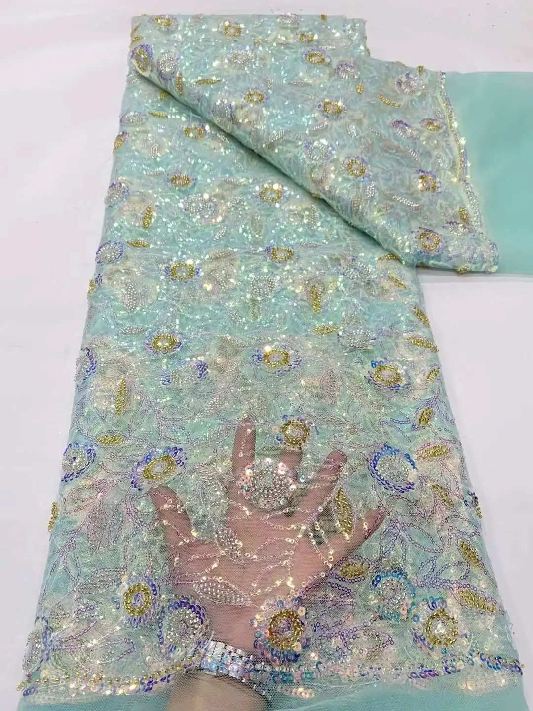 

Роскошная кружевная ткань с бусинами, 5 ярдов, кружевная ткань ручной работы, вышитая африканская ткань для шитья