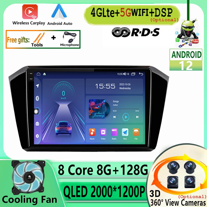 

Автомобильный радиоприемник на Android 12 для VW Passat b8 2015-2020, мультимедийный плеер с радио, GPS-навигацией, беспроводная камера Carplay BT FM 4G 360