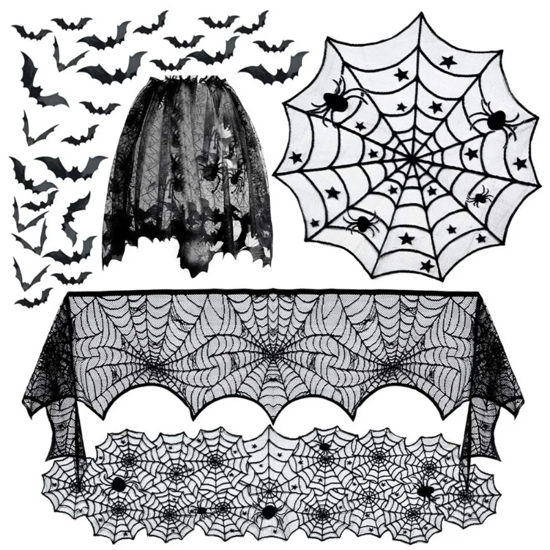 

Halloween Bat Table Runner Black Spider Web Lace Tablecloth Fireplace Curtain for Halloween Party Decoration Horror House Props