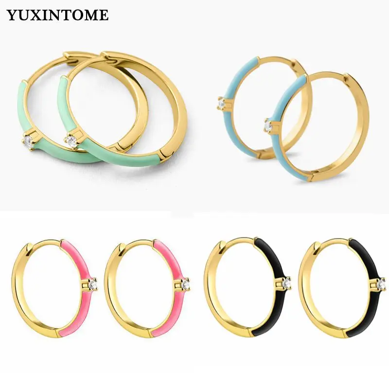 

YUXINTOME 925 Sterling Silver Ear Needle Enamel Splicing Gold Color Hoop Earrings Zircon Women's Party Sweet Wild Jewelry Gifts
