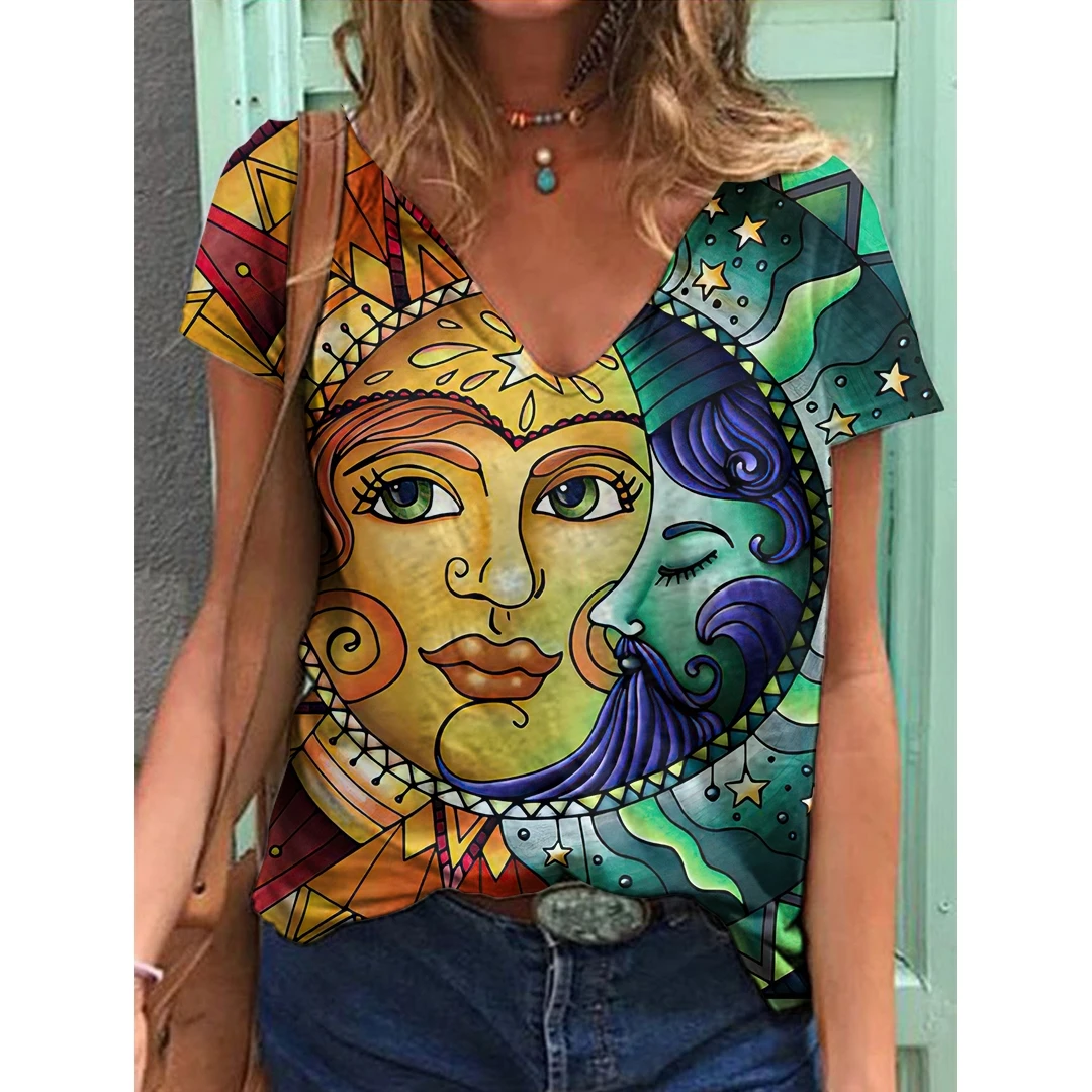 

Women's shopping 3d abstract print T-shirt loose Various sizes women's top short sleeve V-neck T-shirt summer 2022 NEW