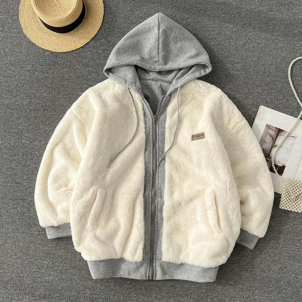 

Autumn and Winter New Fake Two Pieces Plush Hood Loose Lazy Wind Cotton Coat