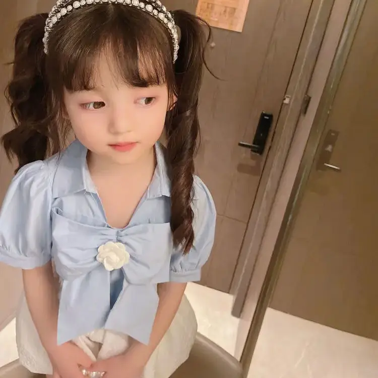 

2022 Summer New Fashion Flower Bow Shirt Girls French Retro Style Puff Sleeve Top Trend Boutique Kids Clothing Simple Style