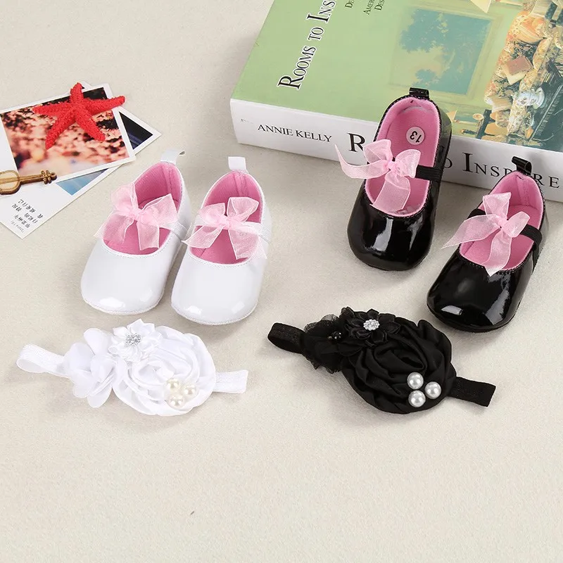 Girls' shoes, newborn's first step shoes, baby princess shoes, soft soles, anti-slip shoes, PU flower leather shoes+hair band