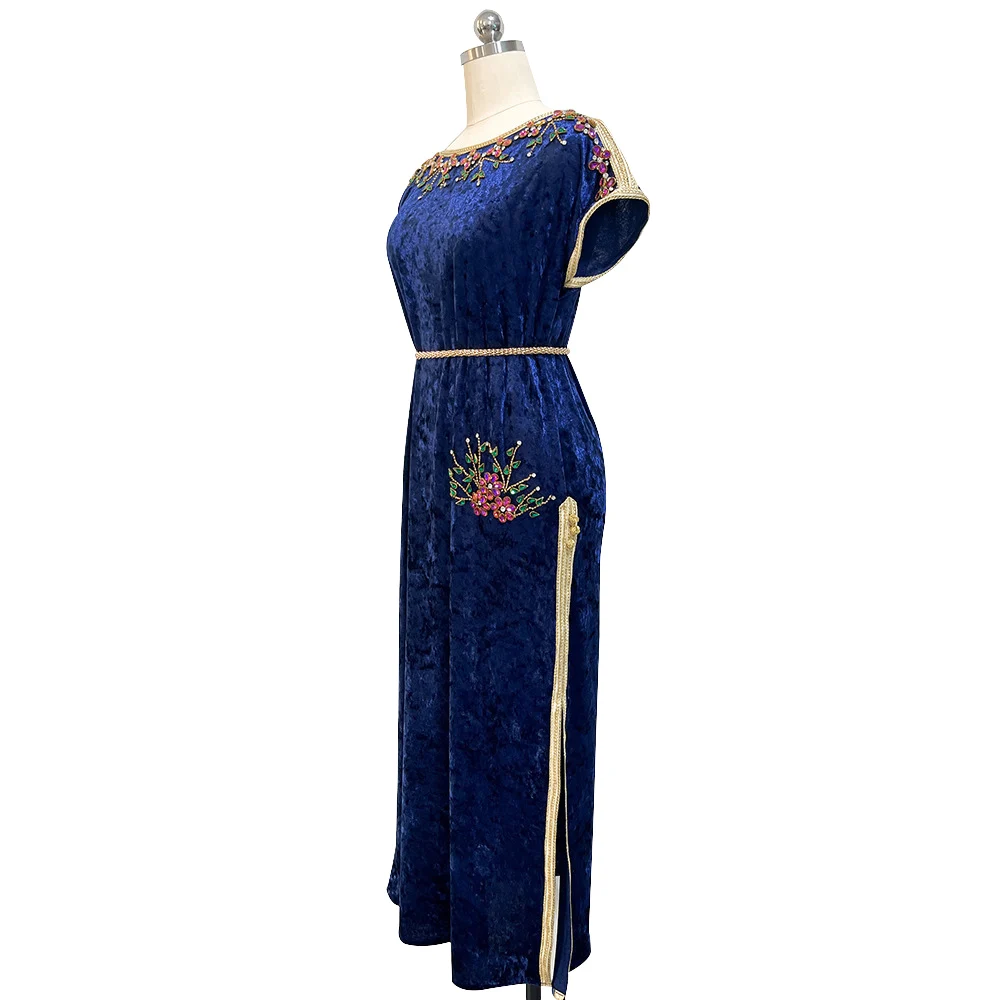 Muslim Dress Navy Blue Velvet Hand Sewn Diamond Dress Autumn Winter New Long Dress Abaya Robe Islamic Robe Party Vintage Dress