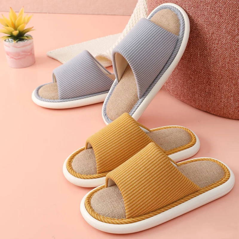 

2023 Summer New Flat Simple Stripes Linen Slippers Ladies Home Slippers Non-Slip Breathable Floor Mop Men's Slippers Summer