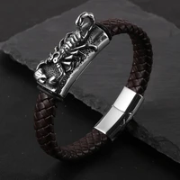 hippie mens leather bracelet with magnetic clasp scorpion stainless steel charm wide braided pulsera cuero punk bangles jewelry