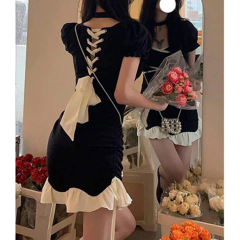 

[Contrast Color Sweet and Spicy Dress for Women] Summer 2022 New Pure Style V-neck Bow Design Sense A- line Skirt