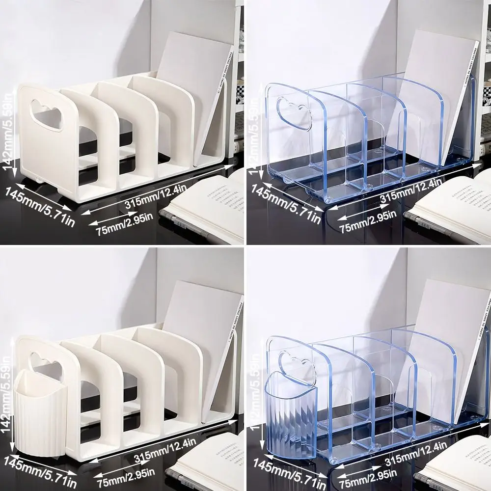 Acrylic Bookends Large Capacity with Pen Holder Desktop Book Transparent 4 Compartments Sorting Rack