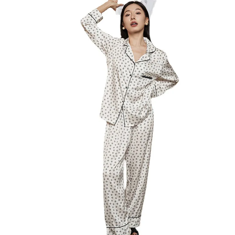 2023 New Arrival Spring and Autumn Lace Small Four-Leaf Flower Ice Silk Pajamas Women's Long-Sleeved French-Style Outdoor Home