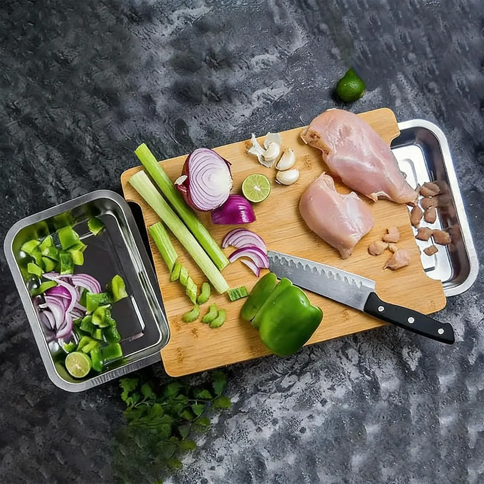 Фото Экологичная бамбуковая разделочная доска для кухни с выдвижным ящиком-поддоном из нержавеющей стали для приготовления пищи №2