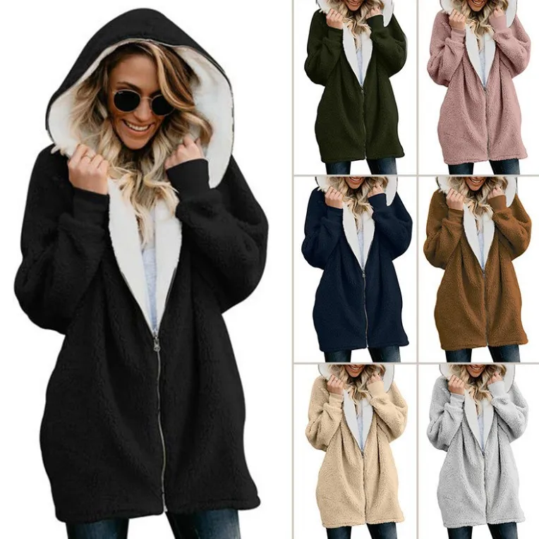 

Lamb velvet hooded mid-length sweater women's 2022 autumn and winter new plush fleece coat women