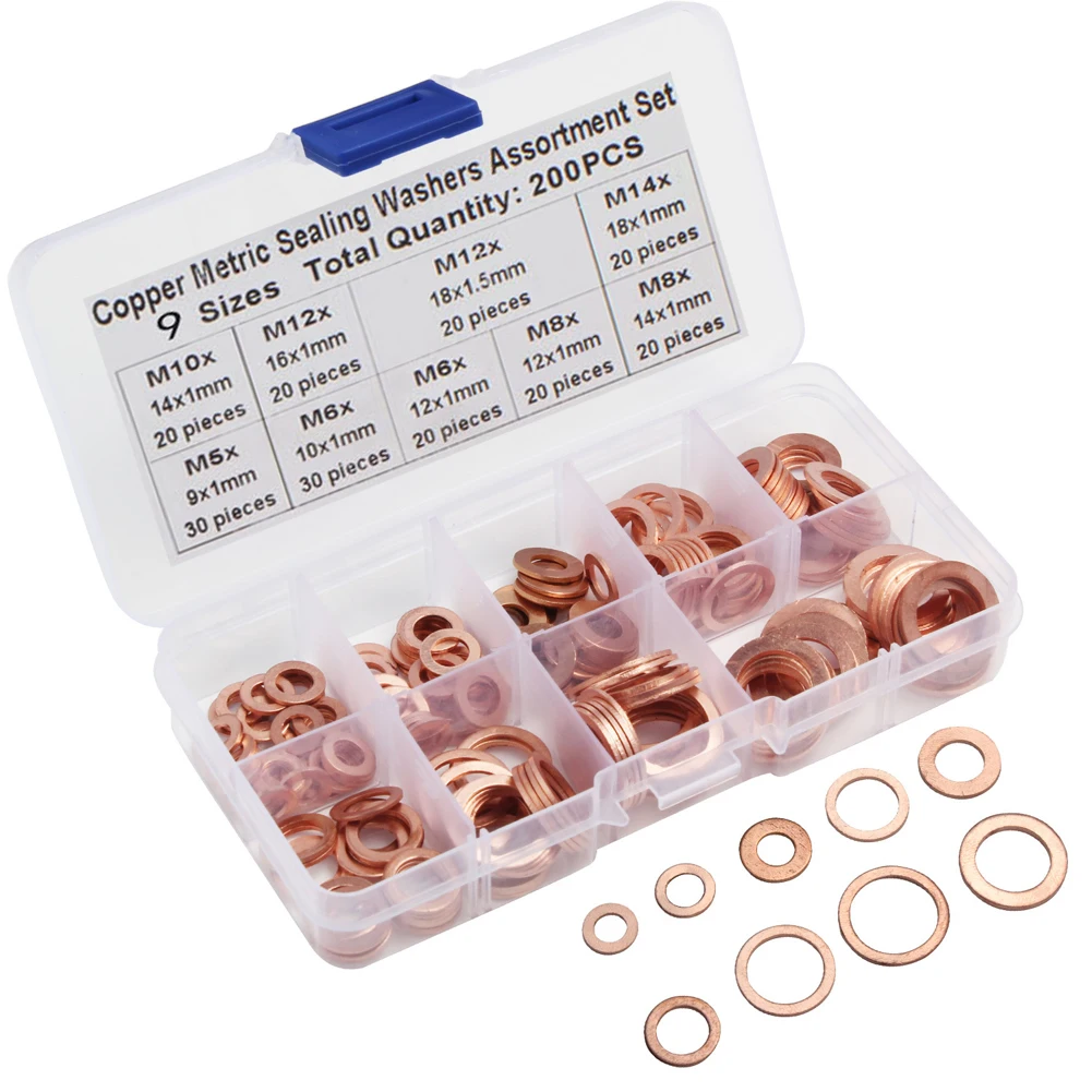 

200pcs Copper Washer Assortment Set Copper Metric Sealing Washers Kit Copper Washers Sealing Gasket Ring