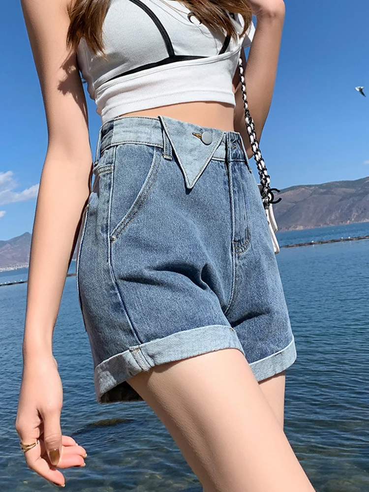 Streetwear Women Asymmetrical Loose High Waist Denim Shorts Spring Summer Female Button Retro Jeans Shorts Bottoms