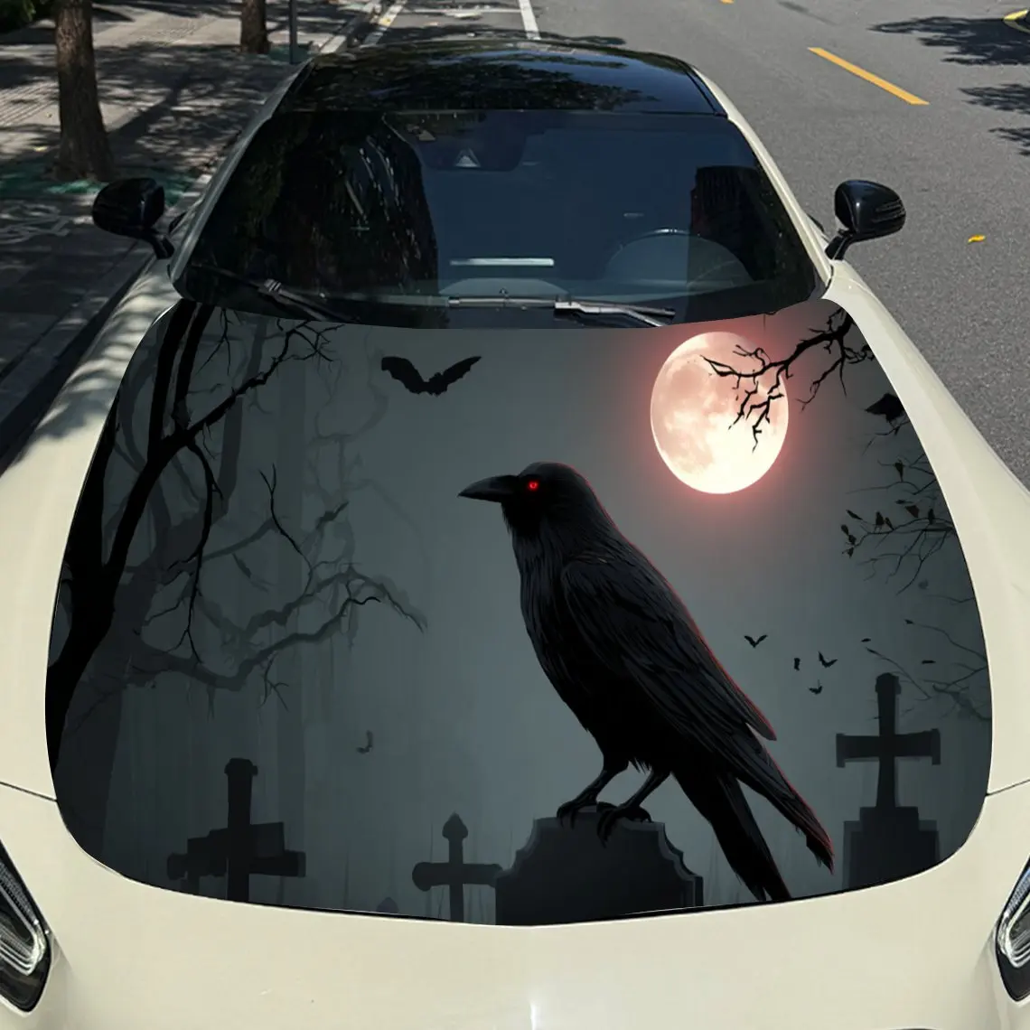 Фото Темная и gloomy graveyard Blood Moon and Crows Виниловые наклейки на капот автомобиля Защитная поверхность автомобиля Наклейка Украшение автомобиля Винил W №3