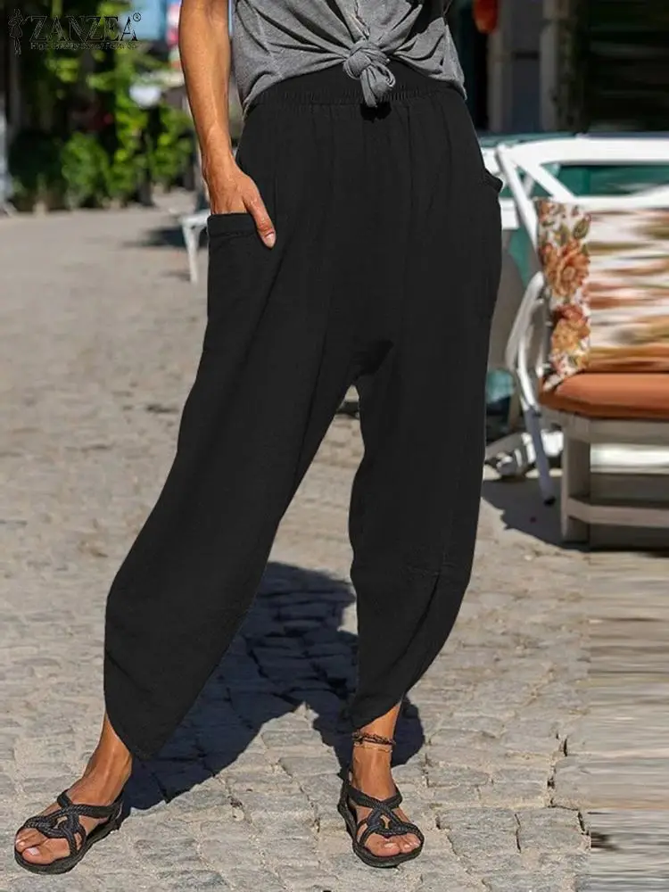 

ZANZEA Elegant Elastic Waist Pants Women Stylish Solid Trouser Spring Irrugular Overalls Slim Holiday Capris OL Pantalon Palazzo