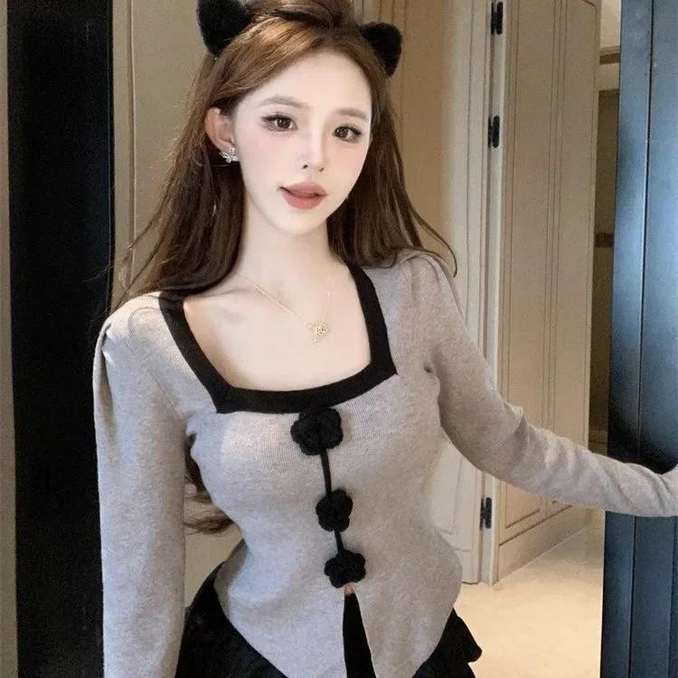 Твидовый стильный вязаный топ с квадратным воротником женский осенне-зимний Pure