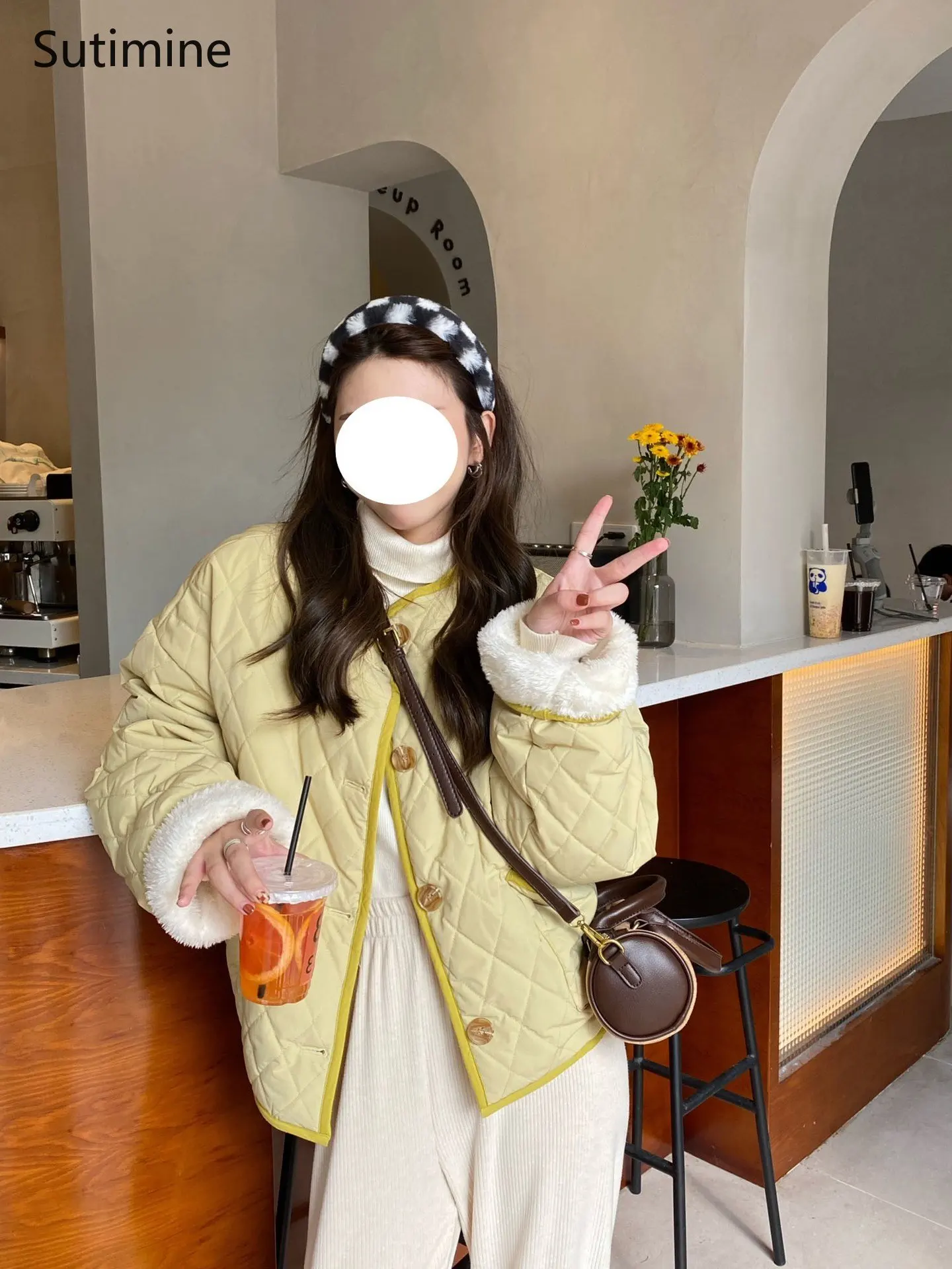 Autumn and Winter Coat Women Sweet Button Pockets Collarless Loose Soft Cotton Lamb Coat Wide-waisted  Winter Coat Women