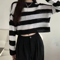 deeptown gothic striped cropped sweater women vintage grunge oversize knit jumper korean style long sleeve harajuku pullover top