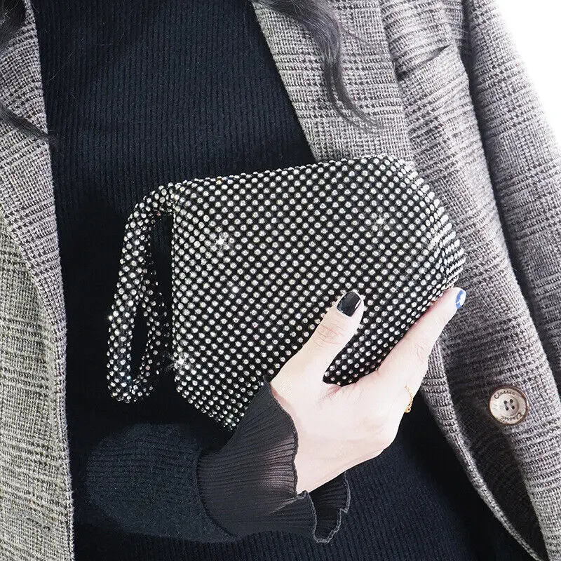 Luxury Women Party Diamond Handbag Small Shiny Rhinestone Crystal Wristlet Clutch Purse Banquet Evening Bling Wallet Phone Bag