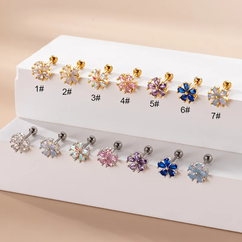 

1PC 20G Stainless Steel Opal Stone Flower Cartilage Earrings Fashion CZ Ear Screw Stud Earrings Piercing Jewelry