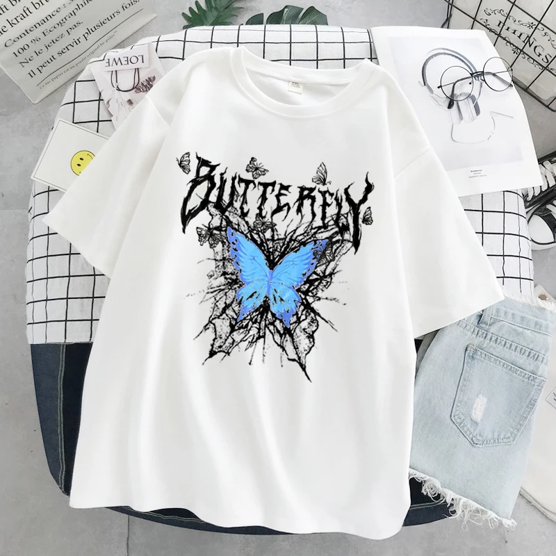 Women T-shirt Beautiful Gothic Oversized Tshirt Female Butterfly Letter Punk Cartoon Short Sleeve O-Neck Top Harajuku Summer tee |