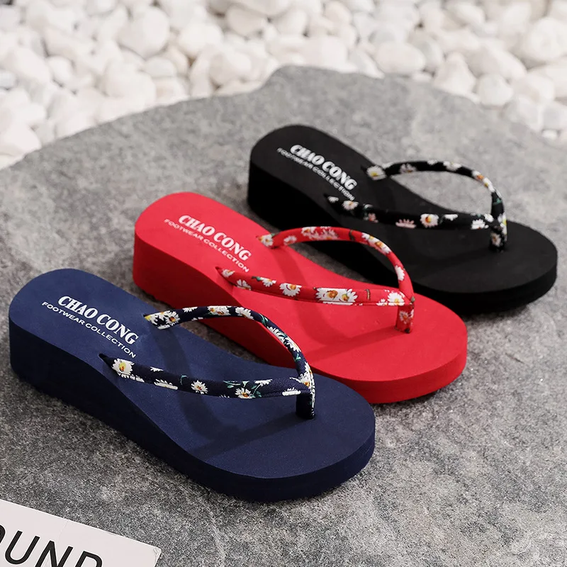 Summer Outdoor Beach Women's Flip Flops Fashion Bohemian Flowers Print Casual Comfortable Platform Wedges Slippers Women 2023