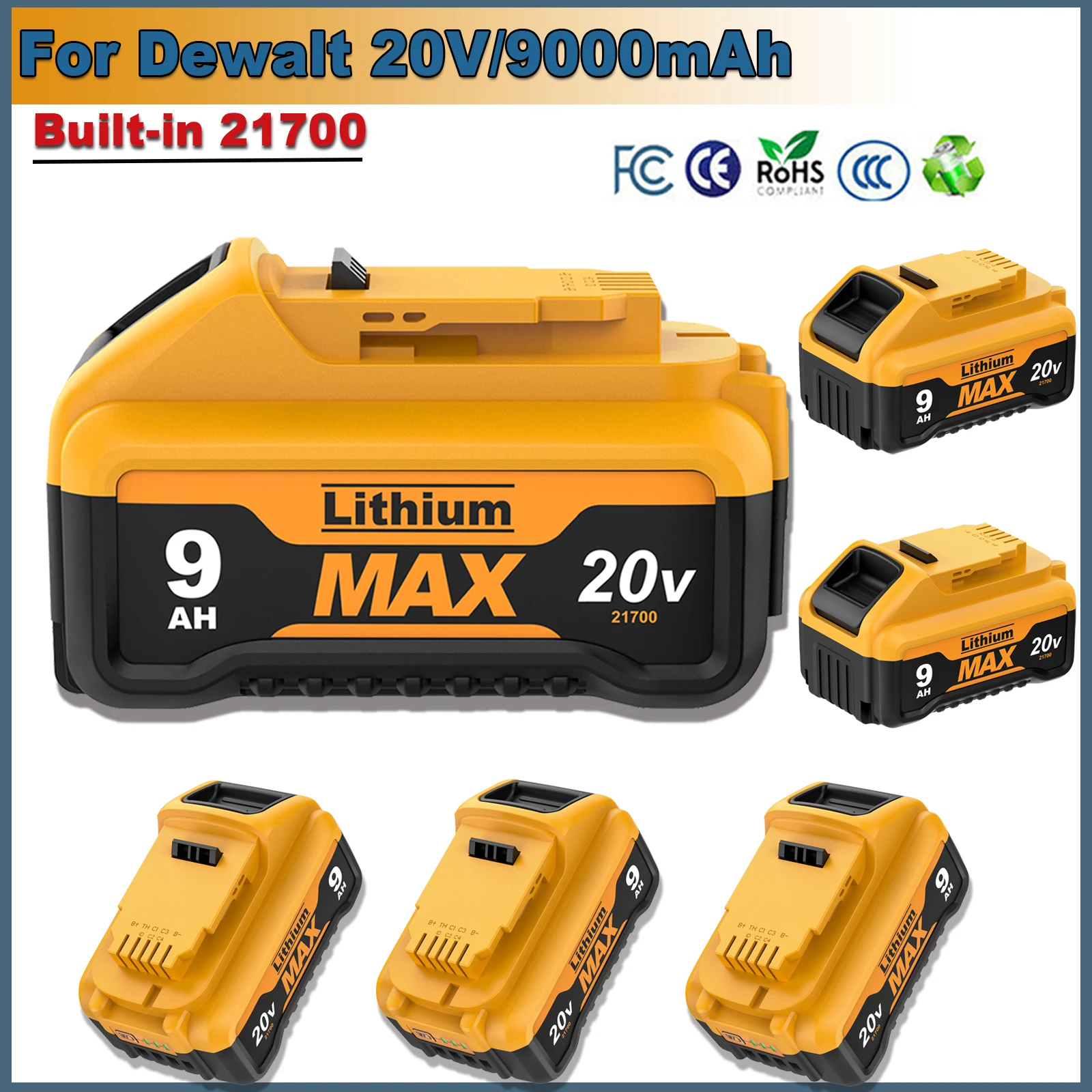 

20V 9.0Ah Battery For Dewalt Built-in 21700 Battery 20V MAX Replacement Battery DCB200 Li-ion Rechargeable Power Tool Battery