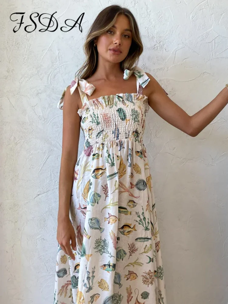 

FSDA Many Fish Printed Suspended Dress Women High Waist Vacation Sleevelesss Colorful A Line Beach Dresses Fungus Backless Robe
