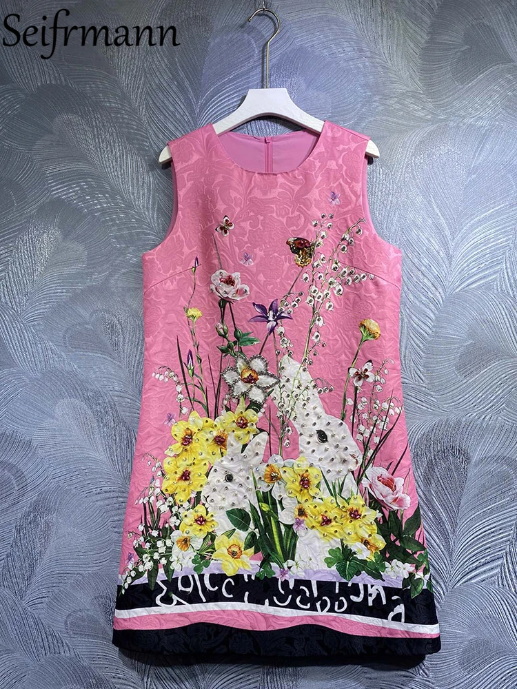 Seifrmann High Quality Summer Women Fashion Designer Mini Dress Gorgeous Crystal Flower Printed Jacquard Sleeveless Tank Dresses
