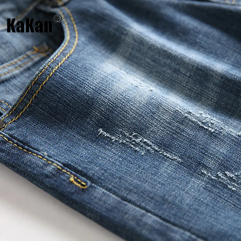 Kakan - European and American New Blue Distressed Jeans for Men's Wear, Worn Out Washed Casual Straight Stretch Long Jeans36-552