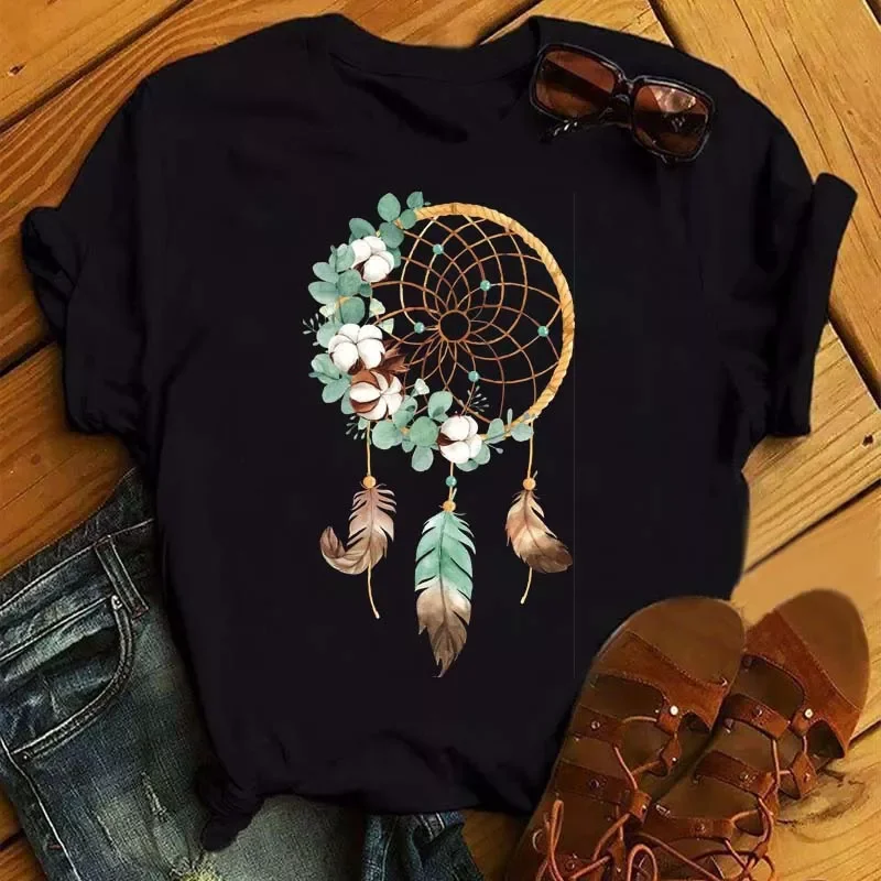 

Women T-shirt Flower Dreamcatcher Tshirt Harajuku O-neck Black Top Women Kawaii Street Summer Casual Short Sleeves Tees