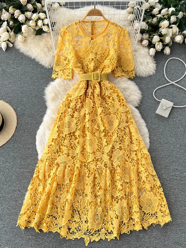 

Женское кружевное платье-трапеция LY VAREY LIN, элегантное ажурное платье с круглым вырезом и высокой талией, длинные платья с поясом для лета