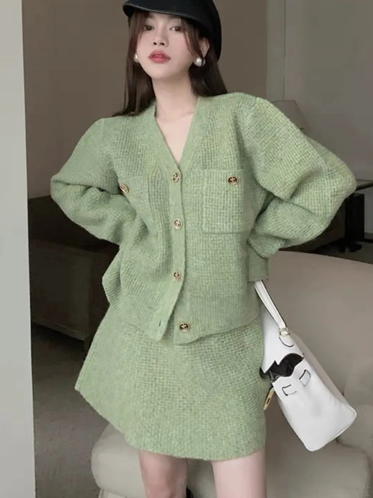 

Fall Winter Small Fragrance Knitted Two Piece Set Women Loose Sweater Cardigan Coat & Skirt Sets Fashion Casual 2 Piece Suits