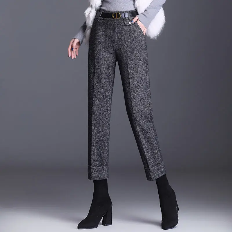 

Women's Autumn and Winter Elastic High Waist Solid Wool Loose Suit Pants Female Thicken Tweed Office Lady Harem Trousers A70
