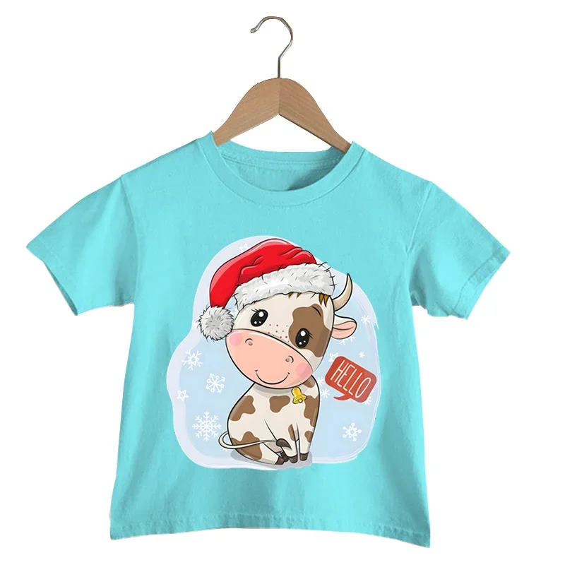 Детская рождественская футболка с принтом коровы и шляпы Санта-Клауса осенняя