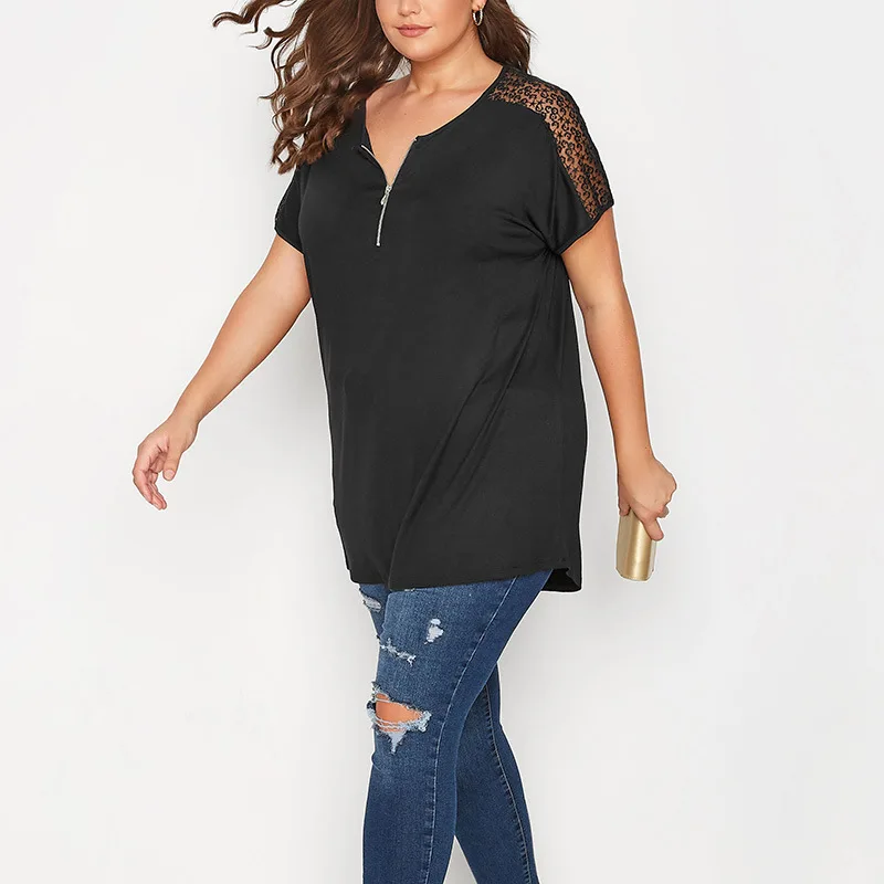 Plus Size Women's Fashion Zipper Patchwork Lace Pullover T-Shirt Spring Summer Round Neck Loose Short Sleeve Casual Black Tops