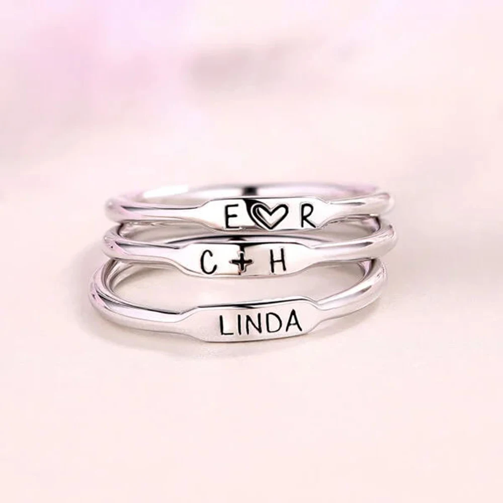 Personalized Initial and Name Stackable Bar Rings 925 Sterling Silver Fashion Jewelry Birthday Party Gifts for Women Girl Mother