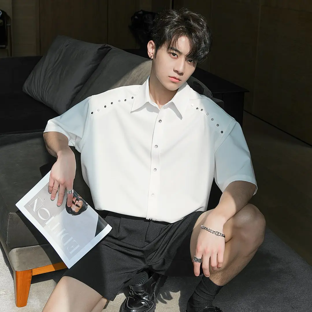 

E-BAIHUI Summer White Shirt Men Short Sleeve Chic Breasted Shirts for Men Black Turn-down Collar Hong Kong Style Male Clothing