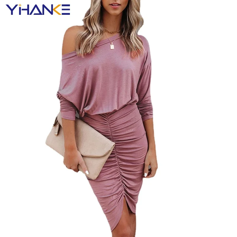 

Spring and Autumn New Dresses Ladies Round Neck Irregular Long Sleeve Dress Sexy Fashion Comfortable Slim Solid Color Dress