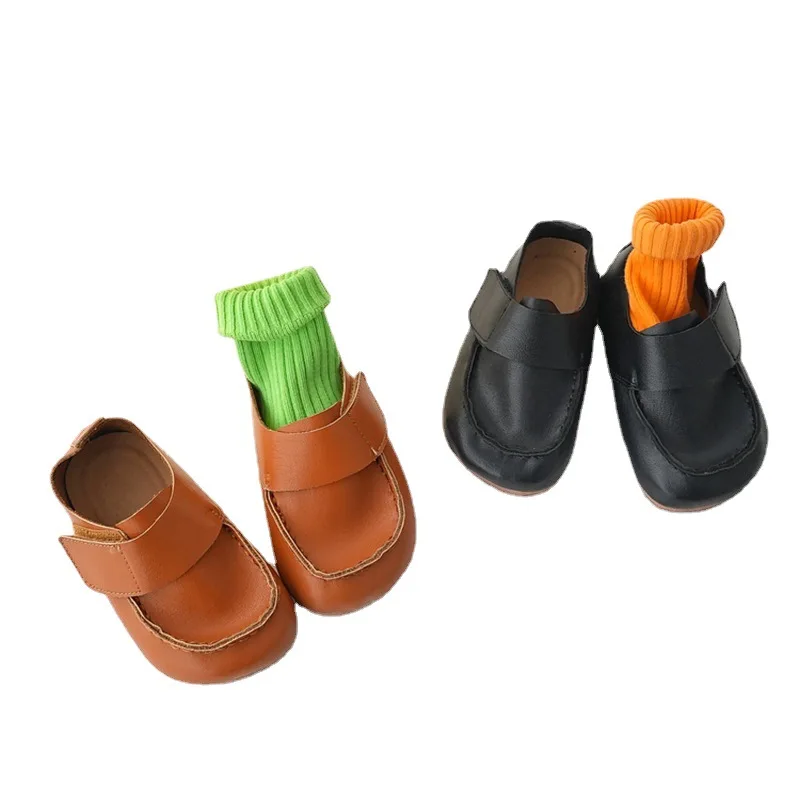 

Children Genuine Leather Shoes Spring New Baby Soft Hook Leather Flats Boys Girls Black Performance School Shoes